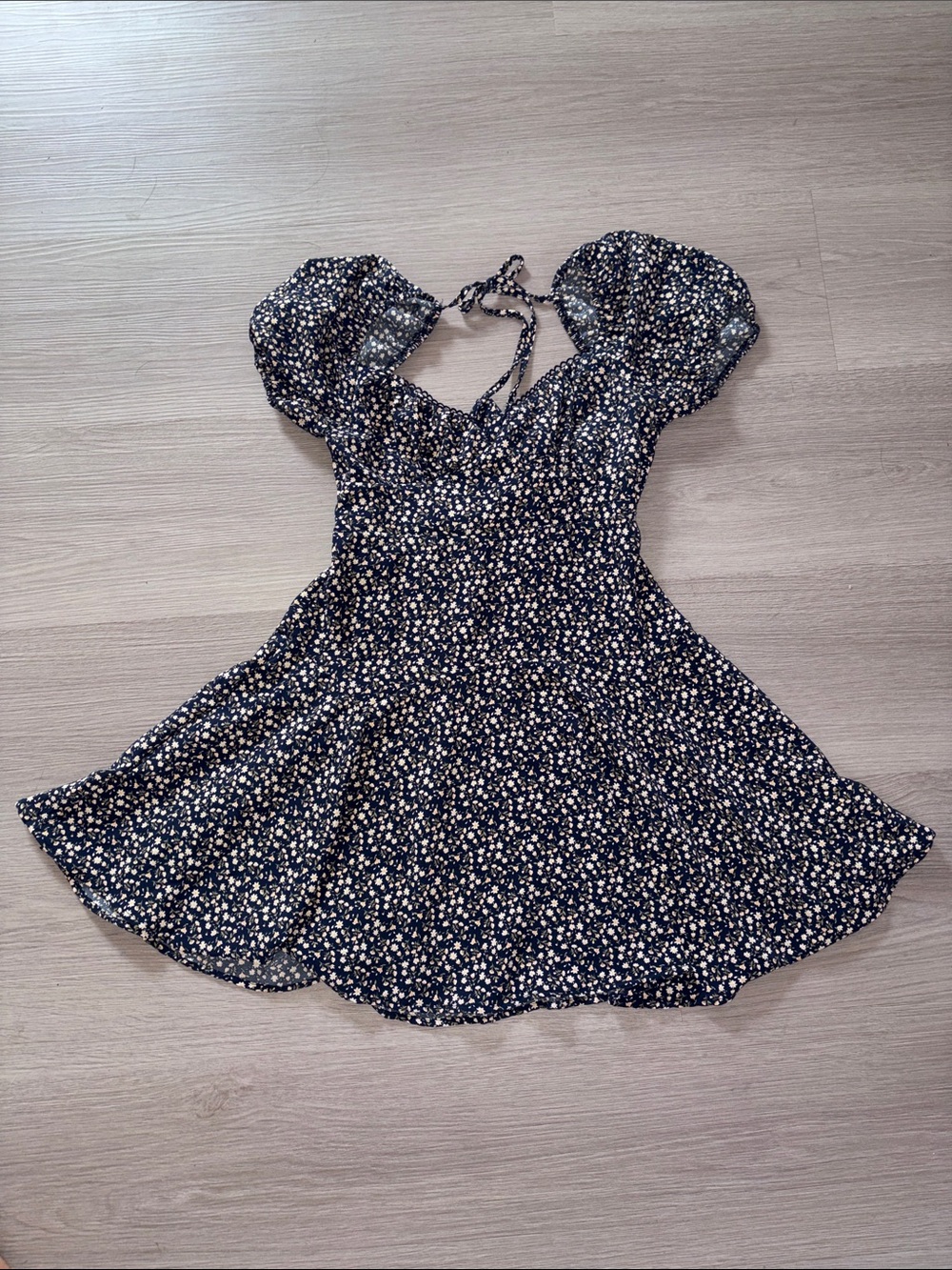 Altar'd State Navy and White Floral Puff-Sleeve Midi Dress